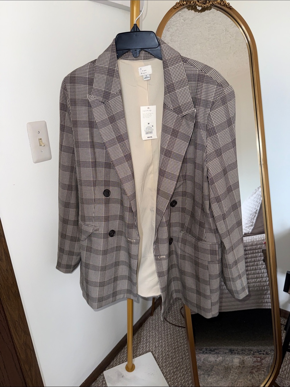 a new day Plaid Double-Breasted Blazer in Gray and Cream